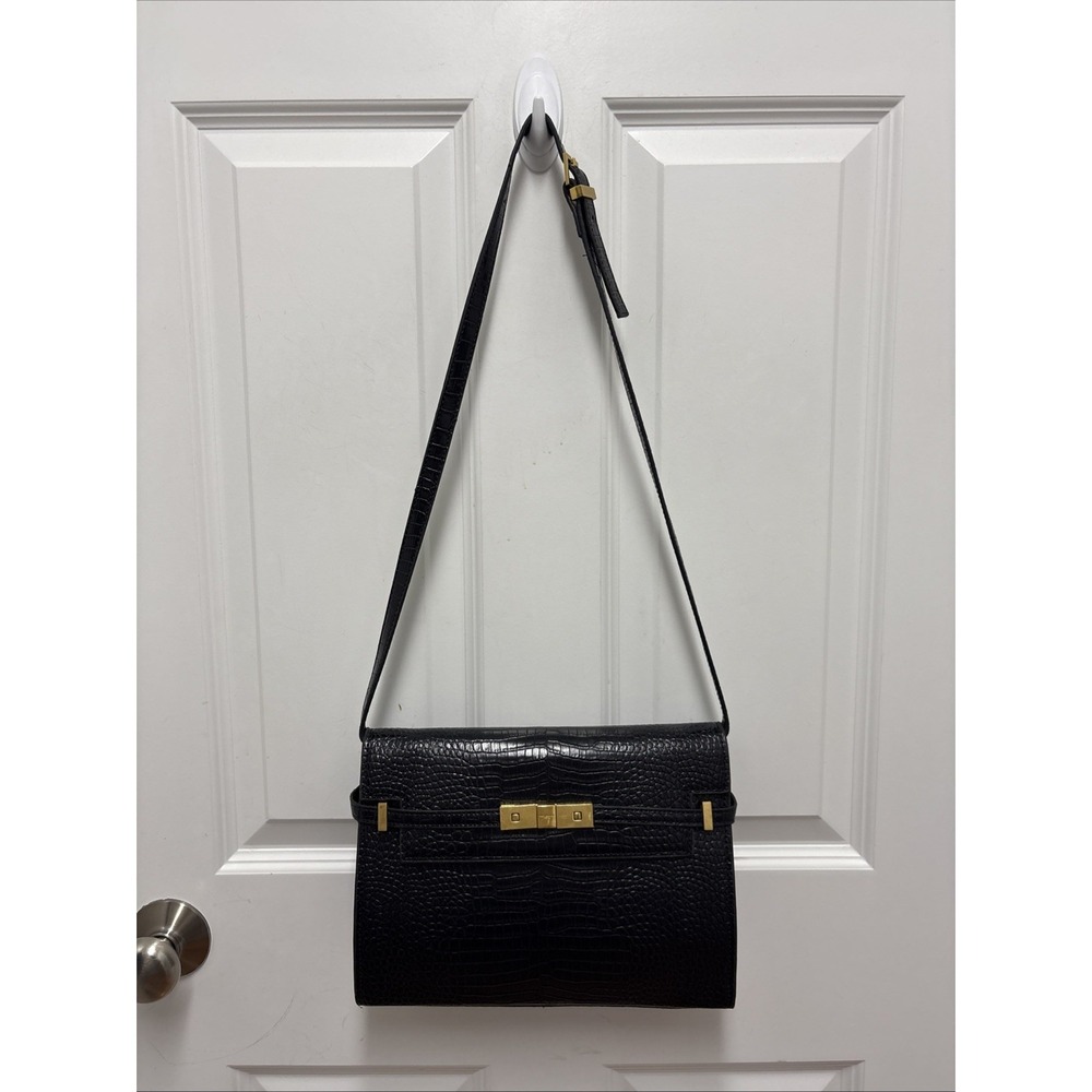 Saint Laurent Manhatten Blackβ Embossed Croc Shoulder Bag